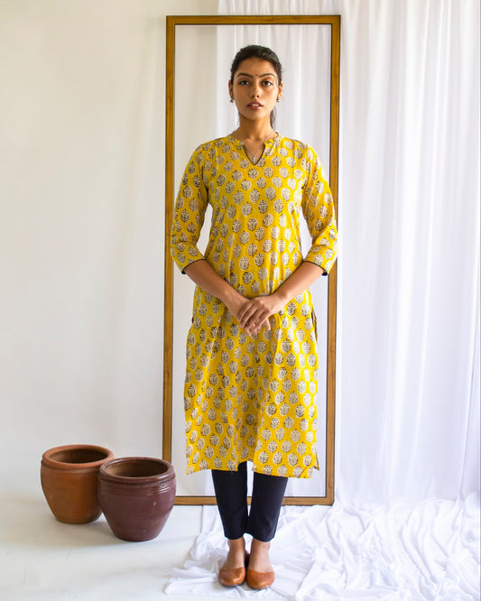 Yellow  Hand Block Printed Cotton  Kurti