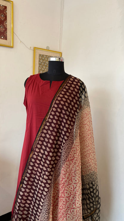 BEIGE AND BLACK PRINTED KOTA DORIA DUPATTA