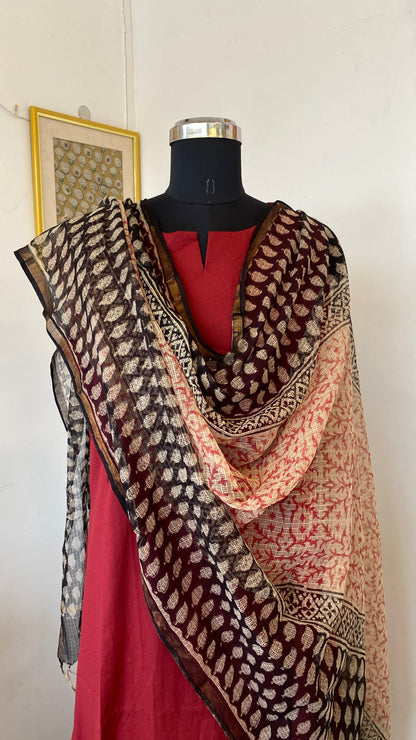 BEIGE AND BLACK PRINTED KOTA DORIA DUPATTA