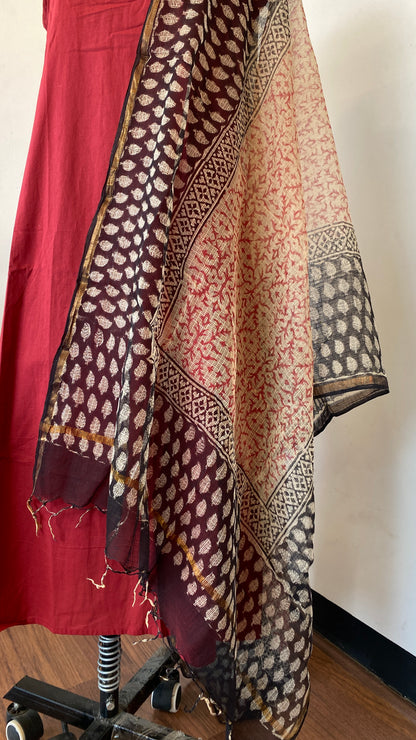 BEIGE AND BLACK PRINTED KOTA DORIA DUPATTA