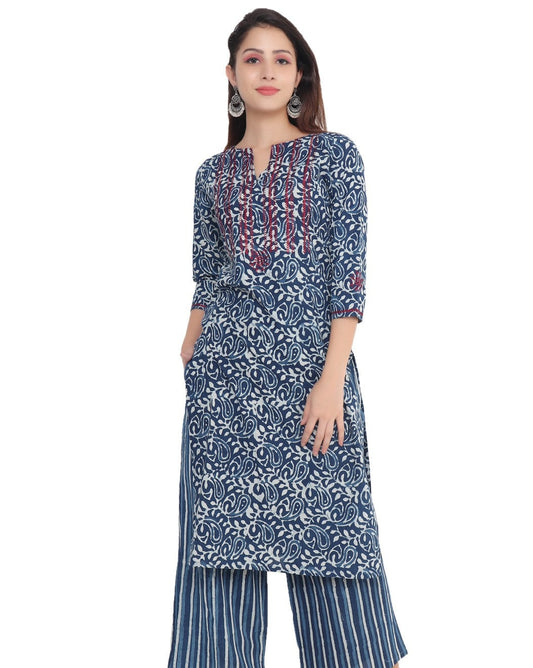 Indigo Printed Kurti With Embroidery-Mehandhi Print