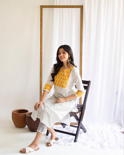 Yellow Patch Stripes Hand Block Printed Kurti