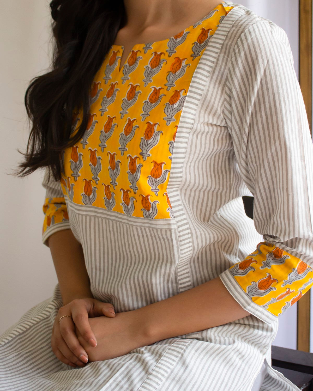 Yellow Patch Stripes Hand Block Printed Kurti