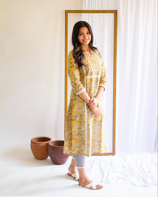 Yellow Patch Hand Block  Printed Cotton  Collar Neck Kurti