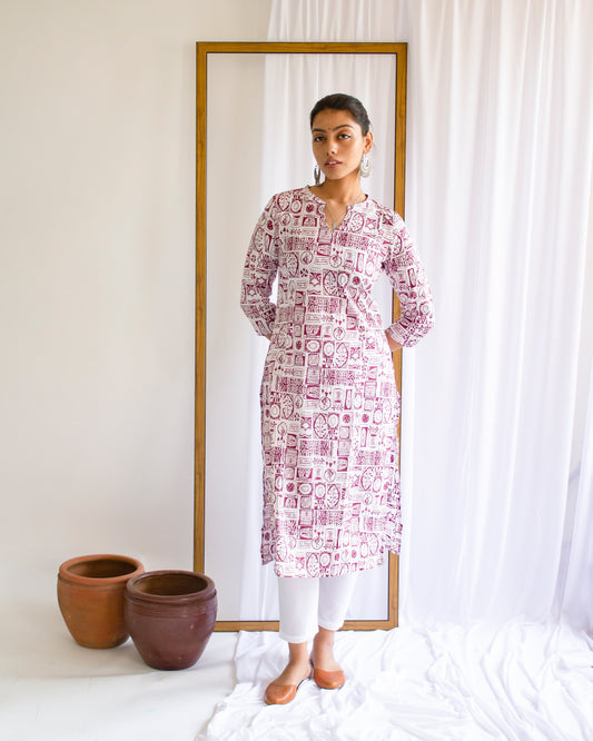 White and purple Hand Block Printed Cotton  Kurti