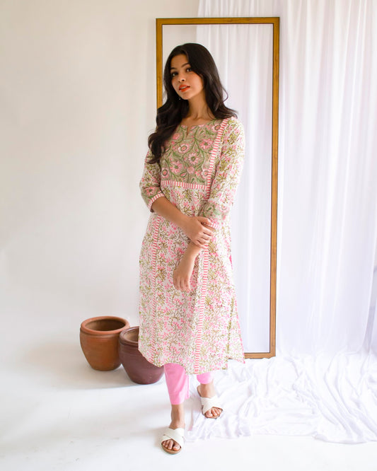 Pink And Green Patch Hand Block  Printed Cotton Kurti