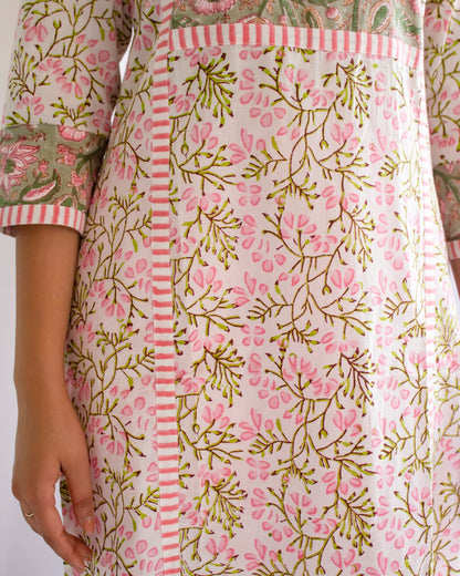 Pink And Green Patch Hand Block  Printed Cotton Kurti