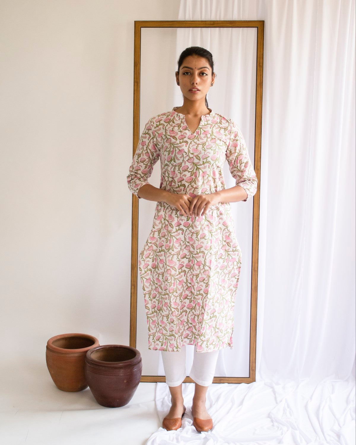 Pink Hand Block Printed Cotton Collar Neck  Kurti