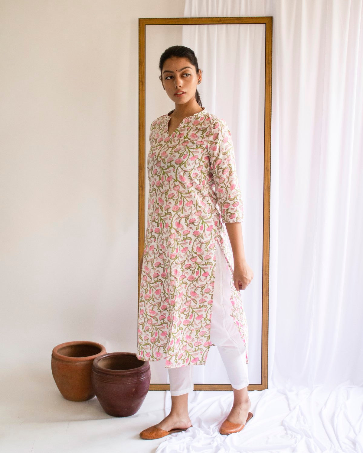 Pink Hand Block Printed Cotton Collar Neck  Kurti