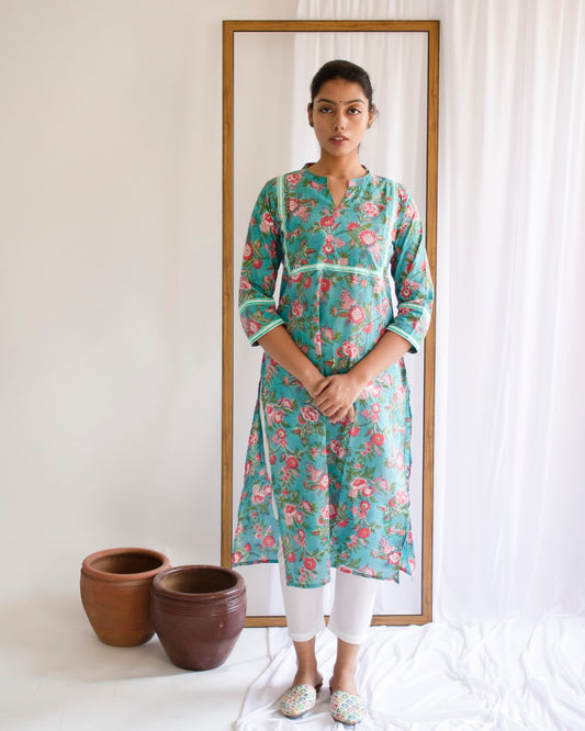 Green  Hand Block Printed Cotton Collar Neck Kurti