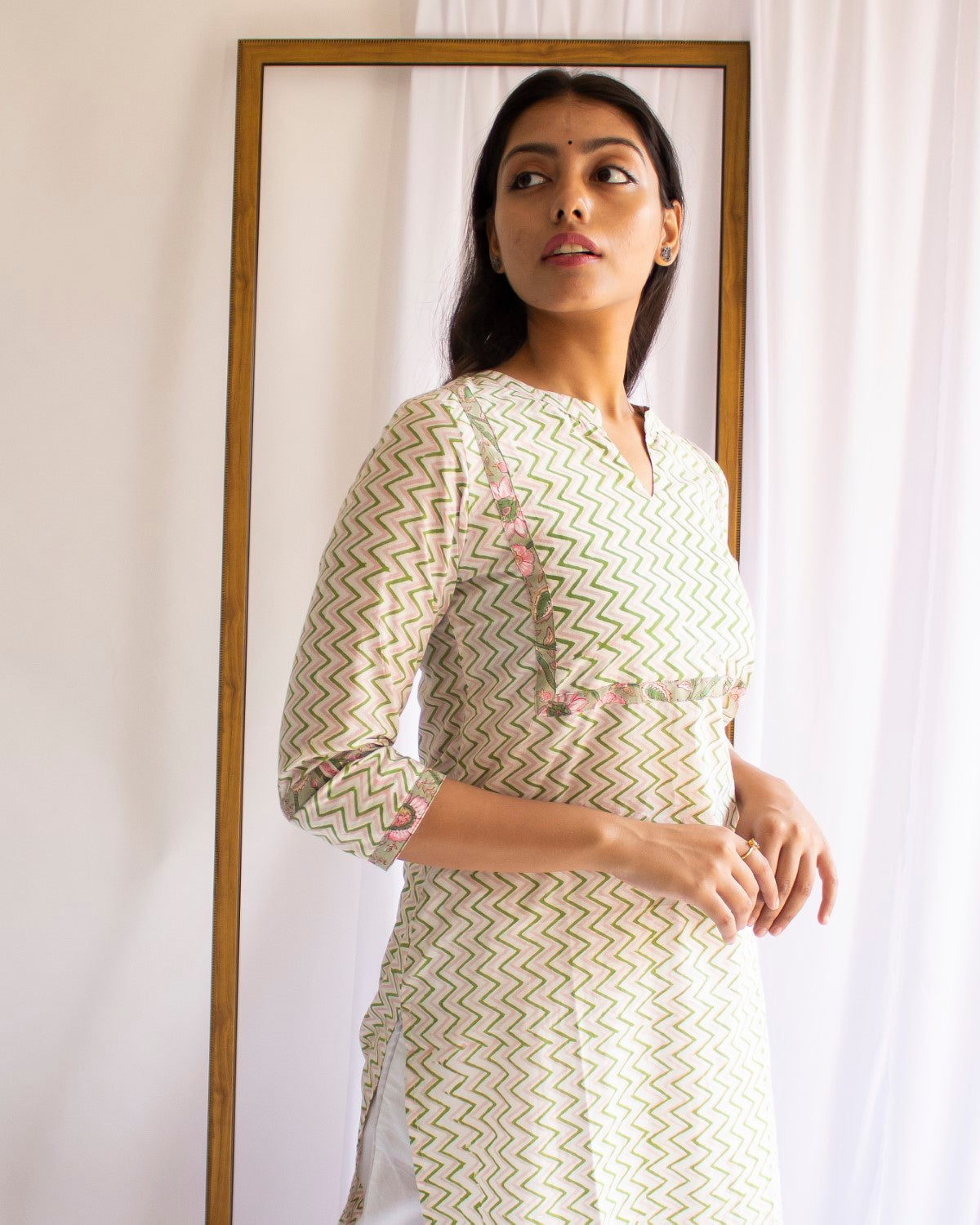 Zigzag Hand Block Printed Cotton Collar Neck  Kurti