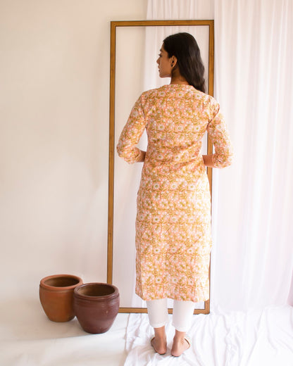 Peach Printed Cotton Collar Neck  Kurti