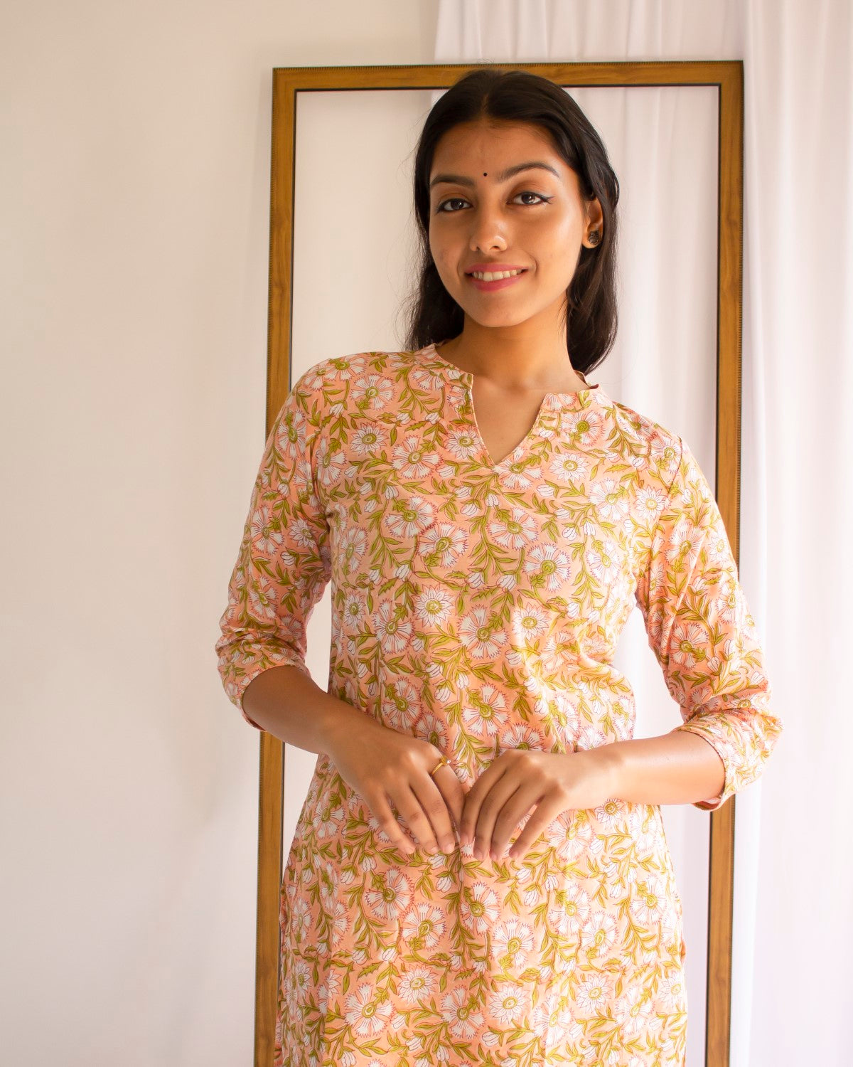 Peach Printed Cotton Collar Neck  Kurti