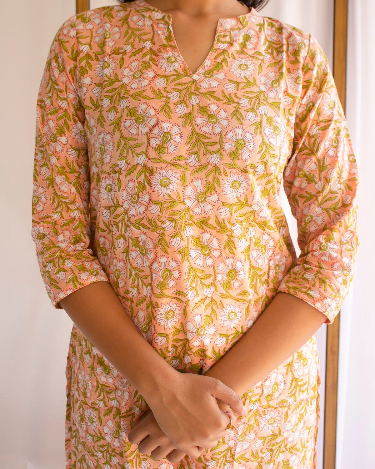 Peach Printed Cotton Collar Neck  Kurti