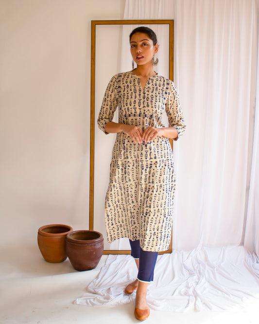 Beige Bagru Hand Block Printed Cotton Collar Neck Kurti