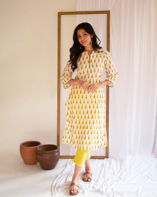 Yellow Tree Hand Block Printed Kurti