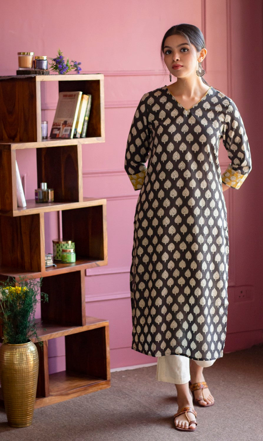 Powder Black Hand Block Printed V Neck Kurti