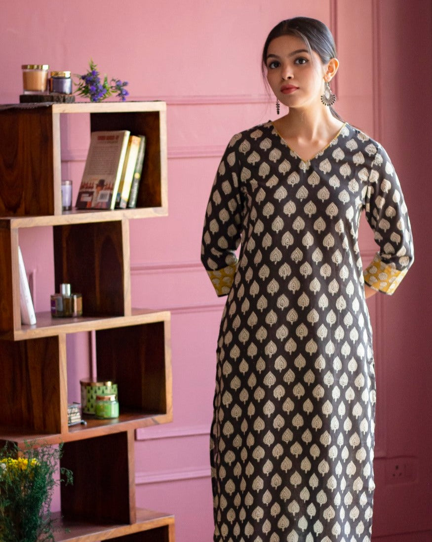 Powder Black Hand Block Printed V Neck Kurti