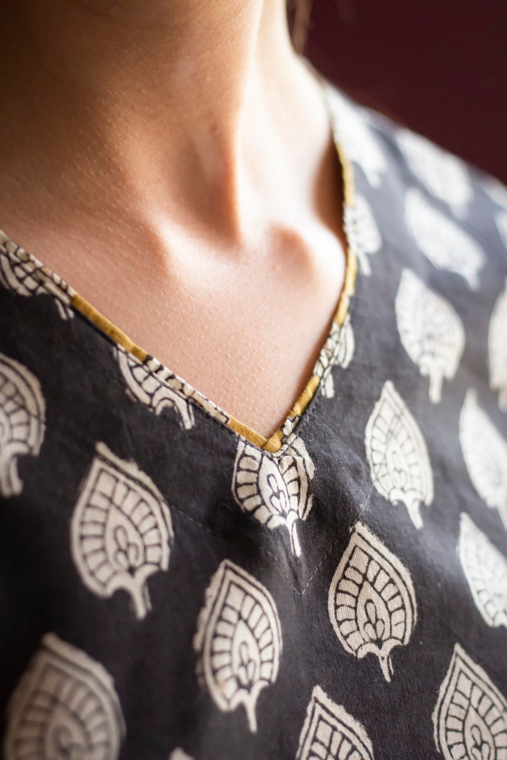 Powder Black Hand Block Printed V Neck Kurti