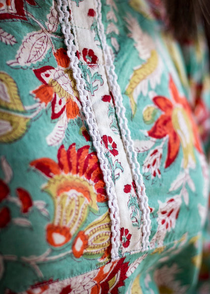Green And Red Floral Hand Block Printed Kurti