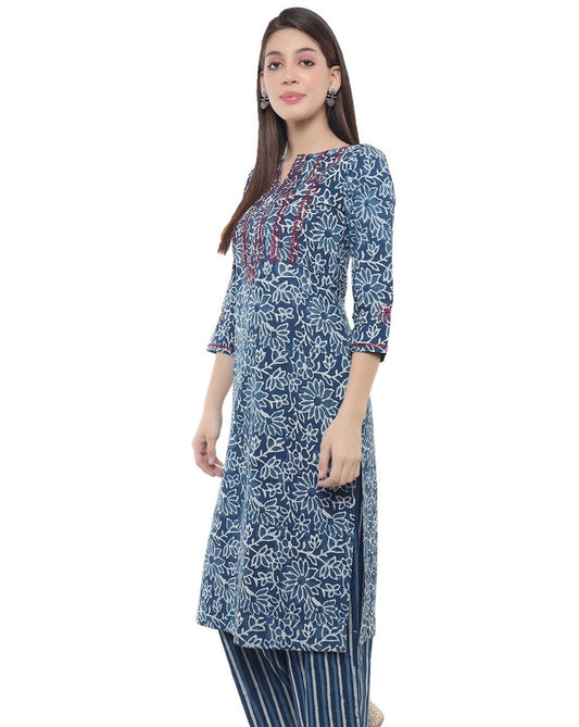 Indigo Printed Kurti With Embroidery-Floral