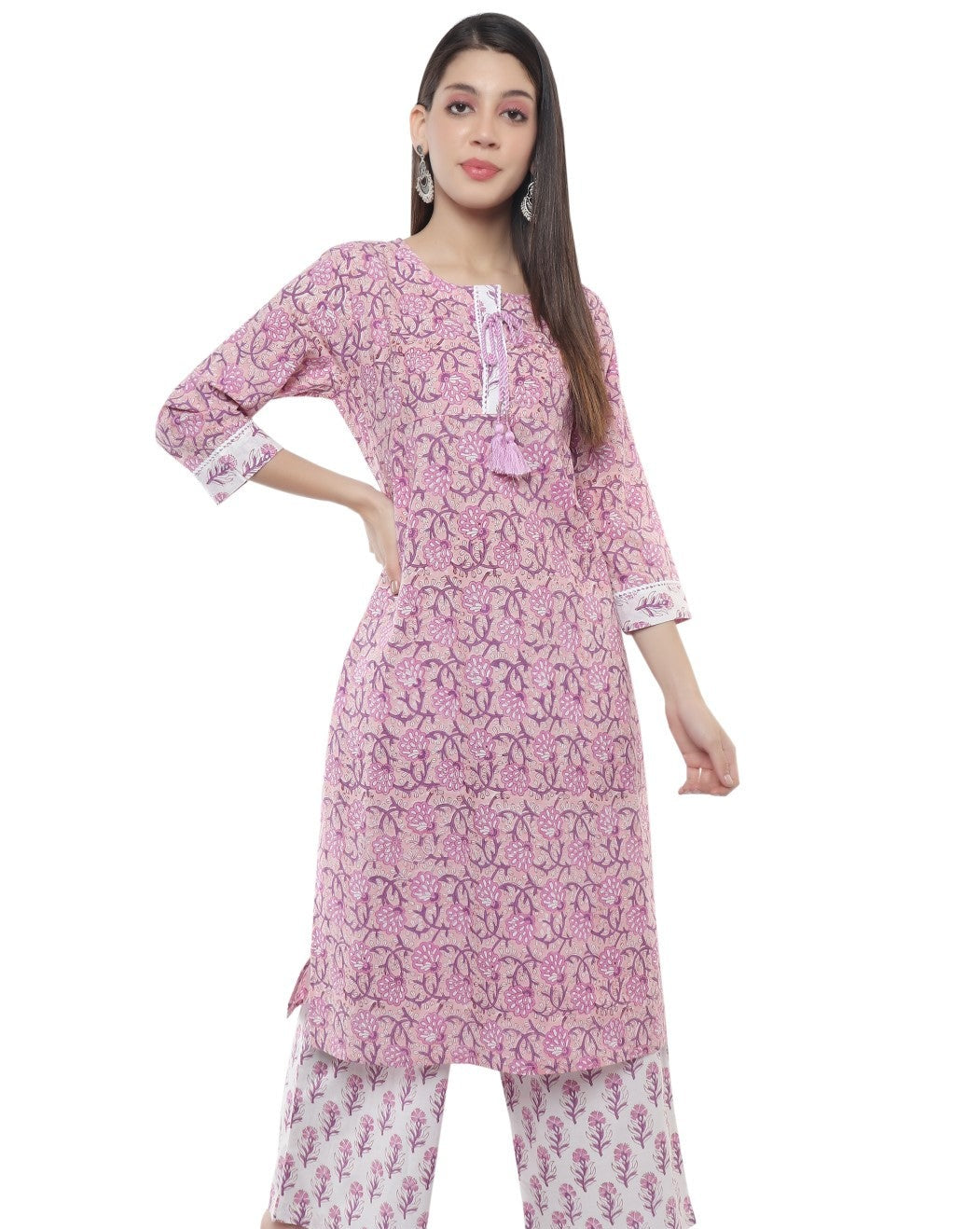 Lace Purple Floral Hand Block Printed Kurti