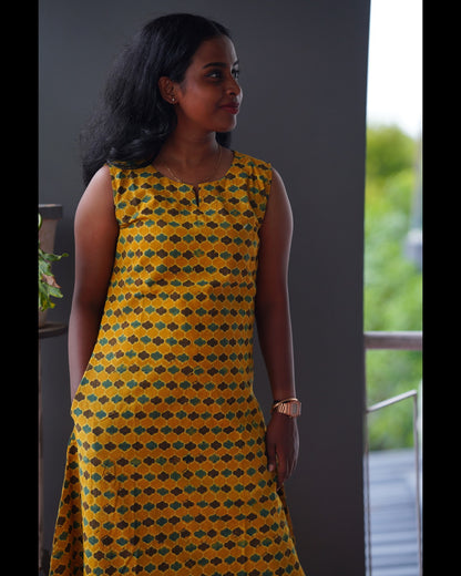 MUSTARD YELLOW AJRAKH A-LINE DRESS