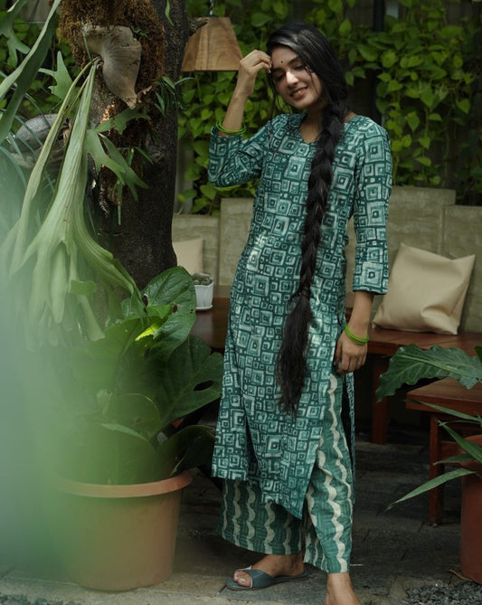 Green Dabu Square Print Hand Block Printed Kurta