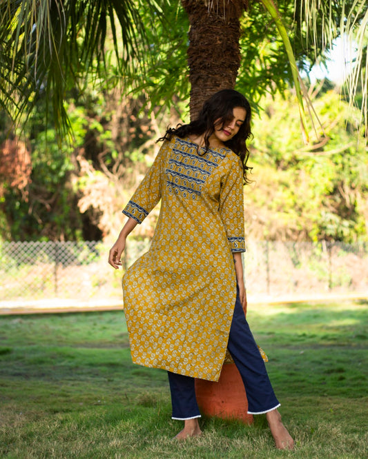 Mustard Yellow Hand Block Printed Kurti