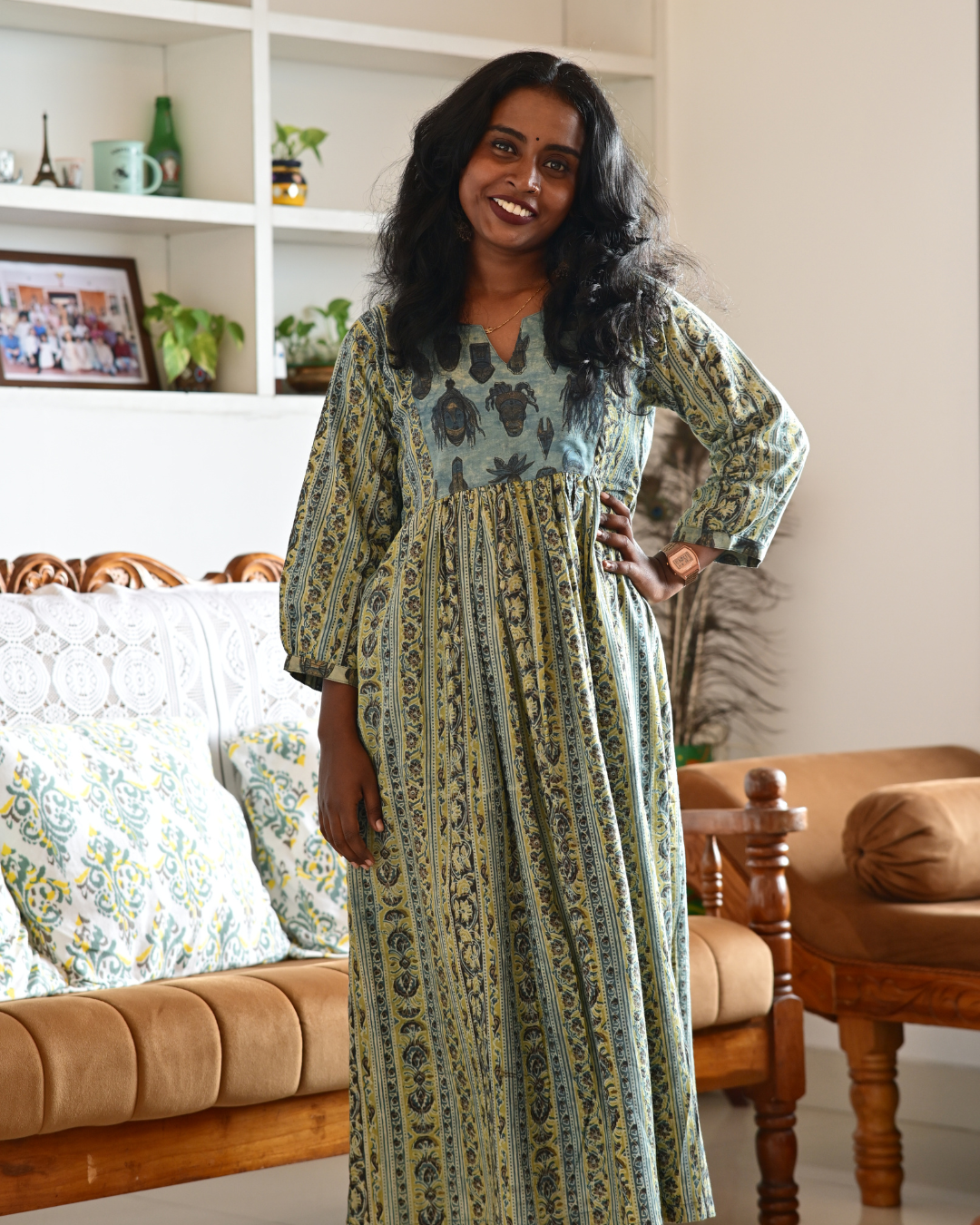 Hand Block Floral Jahota Print Gathered Dress