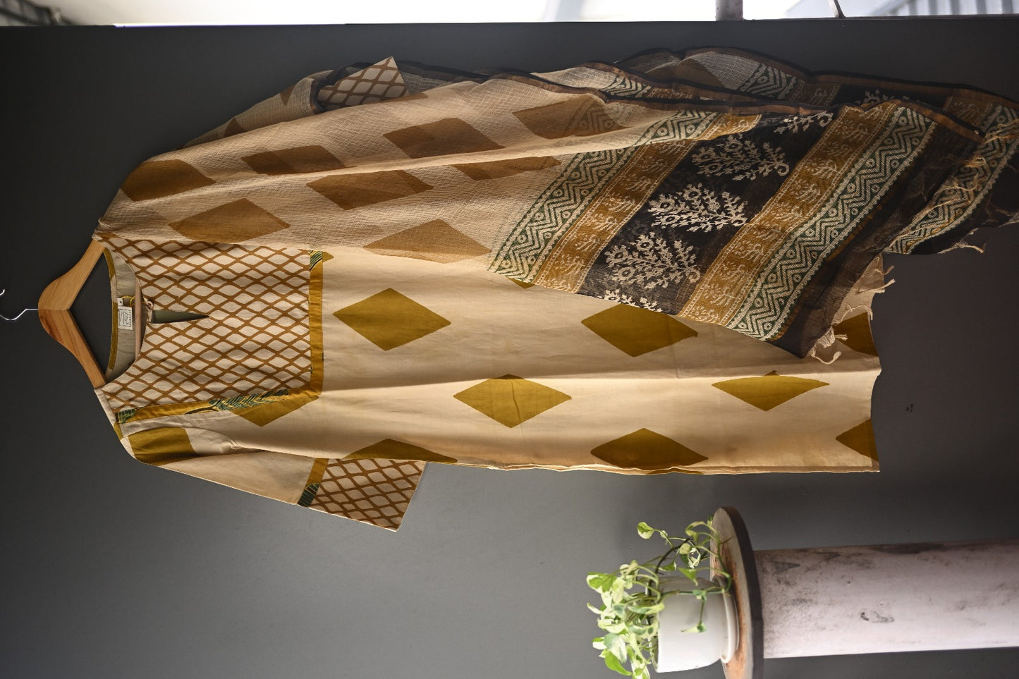 Beige and Mustard yellow Geometric Print DUPATTA