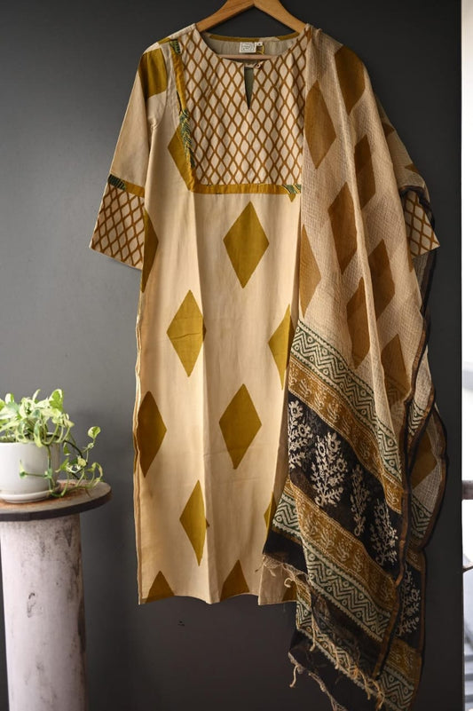 Beige and Mustard yellow Geometric Print  Patch Hand Block Printed Kurti SET