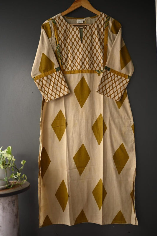 Beige and Mustard yellow Geometric Print Patch Hand Block Printed Kurti