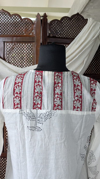 Gulmohar White Cotton Gatherd A-line dress kurti