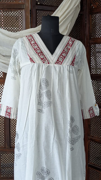 Gulmohar White Cotton Gatherd A-line dress kurti