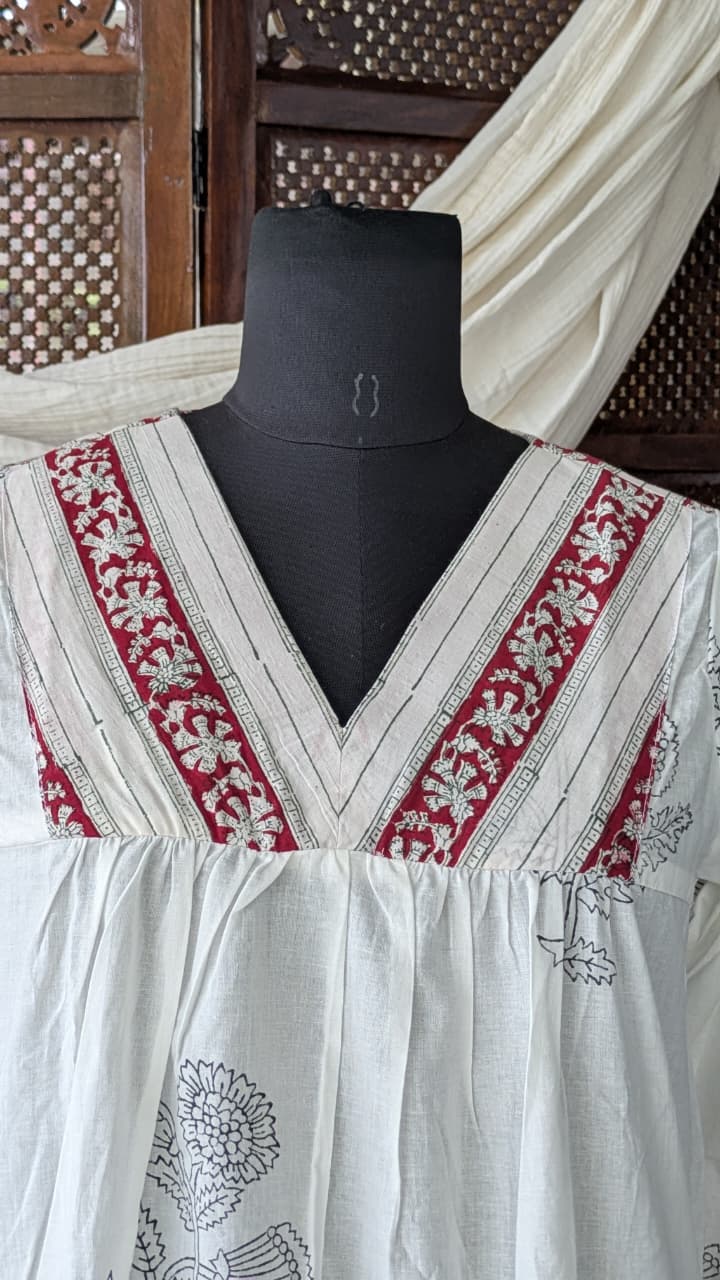 Gulmohar White Cotton Gatherd A-line dress kurti