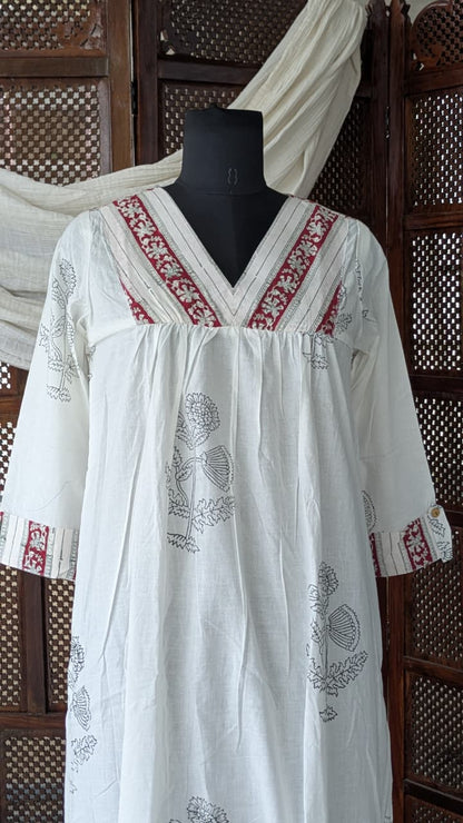 Gulmohar White Cotton Gatherd A-line dress kurti