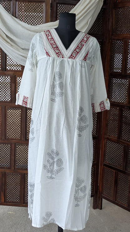 Gulmohar White Cotton Gatherd A-line dress kurti