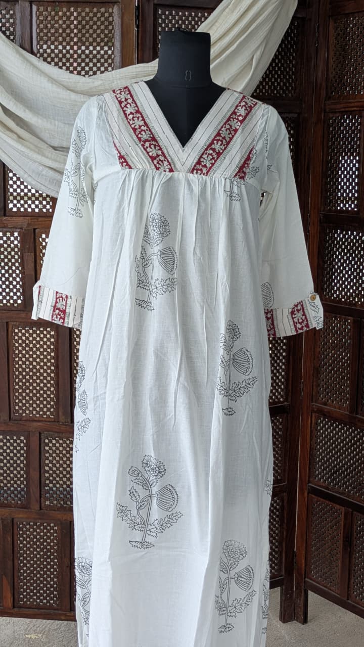 Gulmohar White Cotton Gatherd A-line dress kurti